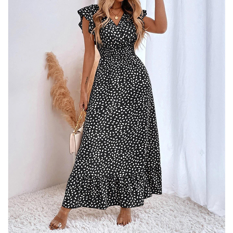 2023 European and American Women's Clothing Spring and Summer New Amazon Cross-border V-neck Tight Waist Long Dress Ruffled Elegant Dress for Women