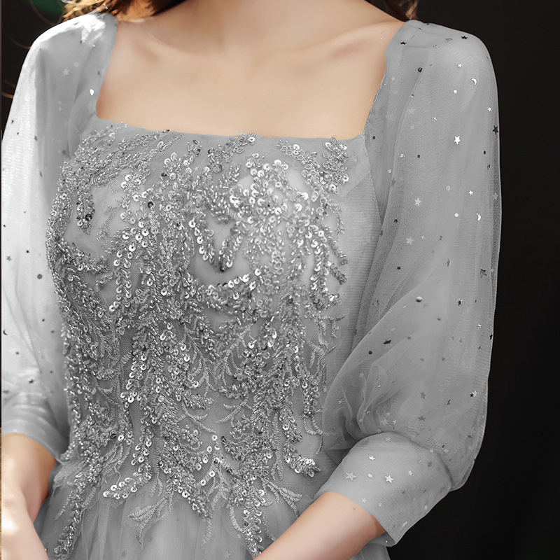 Banquet Evening Dress 2024 Spring New Grey Simple Sister Group Party Dress Host Art Test Performance Dress