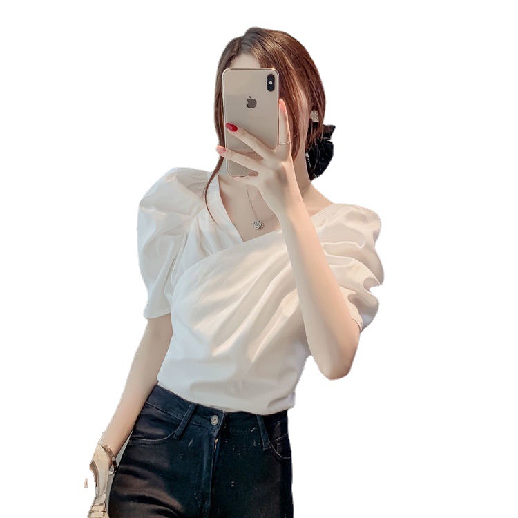 Puff sleeve chiffon shirt for women in summer 2024 new design sense cross shirt V-neck slim short top