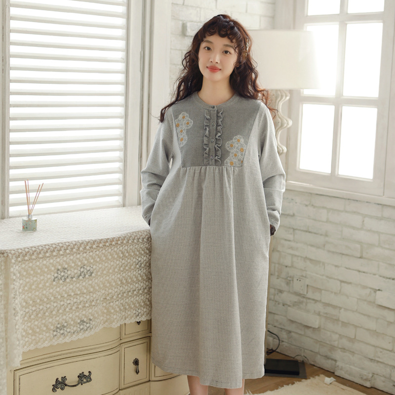 Nightgown for women spring and autumn  new pure cotton brushed velvet long-sleeved nightgown autumn and winter women's nightgown home wear