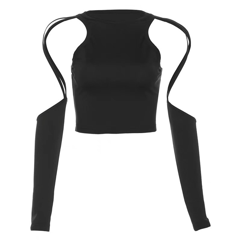 Foreign trade new nude long sleeve women's hollow slimming irregular design moisture wicking skin-friendly fabric with chest pad