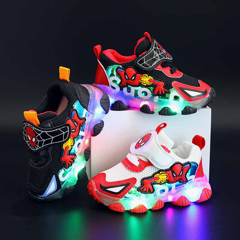 Children's Spring and Autumn Light Spider-man Sneakers Men and Women's Soft Bottom Non-slip Cartoon Fashion Mesh Led Light Shoes Trendy