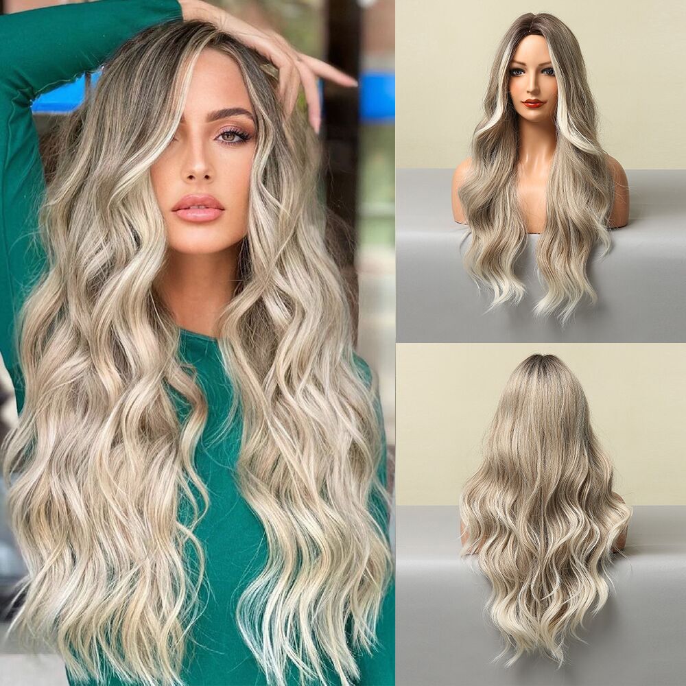 Cross-border spot European and American fashion points Big Wave thin natural mixed color light gray full head wig women wigs