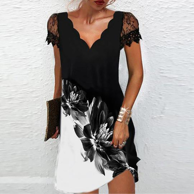 2022 Europe and the United States foreign trade cross-border women's clothing Amazon positioning printing wave V-neck lace stitching short sleeve dress