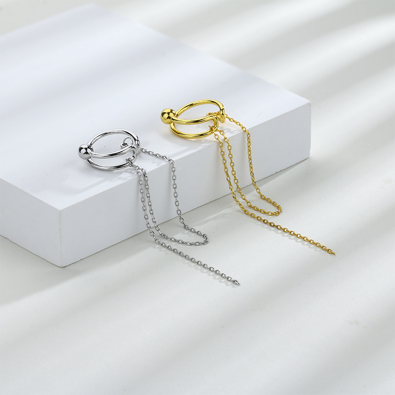 Lost a long ear hook without ear hole female unique tassel ear clip double line round bead ear clip cool