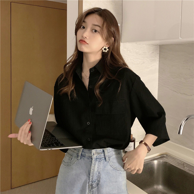 Vintage Cropped Sleeve Shirt Women's 2023 Summer New Style Design Pleated Top Lazy Style Loose Shirt
