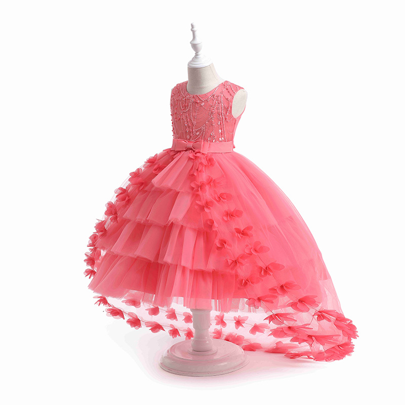 In Stock Children's Evening Dress Girl's Western Style Puffy Yarn Princess Dress Flower Girl's Wedding Girl's Tail Dress European and American