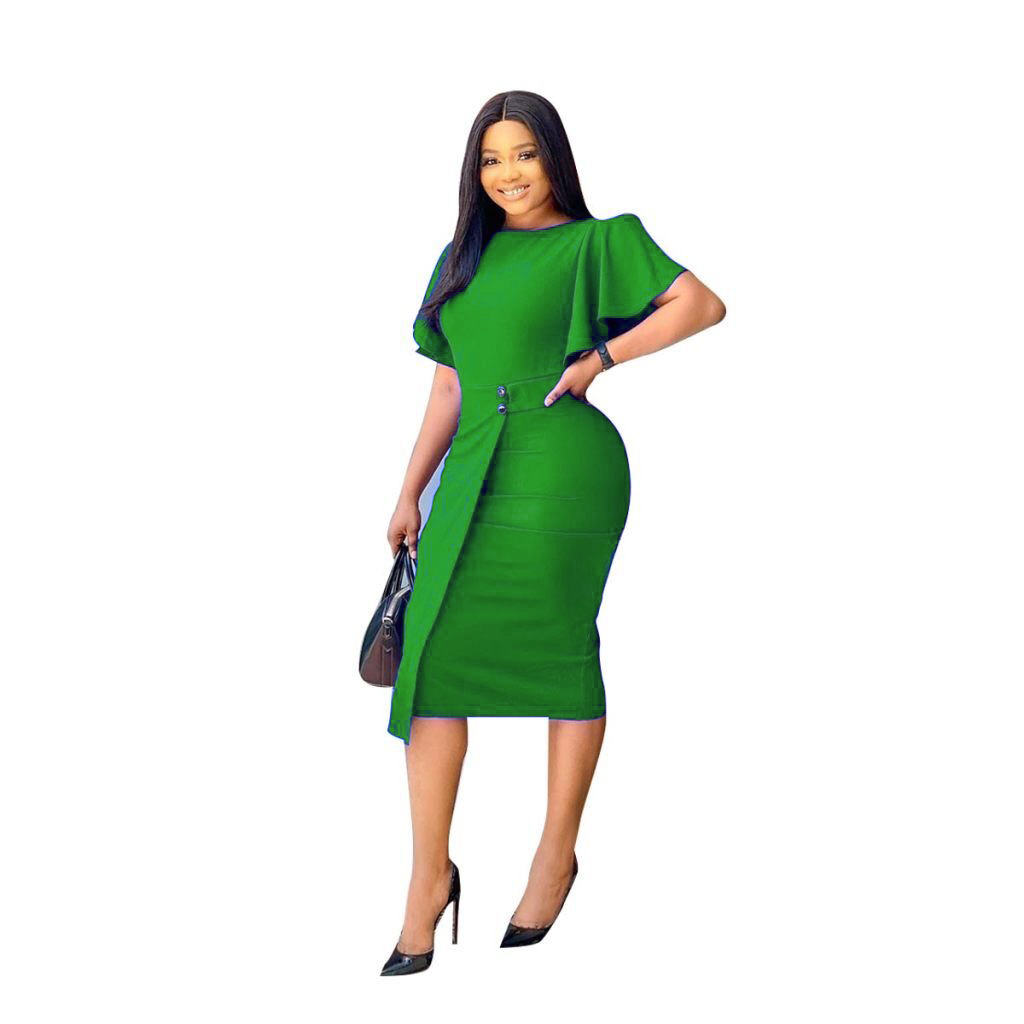 Foreign Trade Women's 2024 Summer Cross-border Large Size Trumpet Sleeve Round Neck Split Hip Professional Dress African Dress