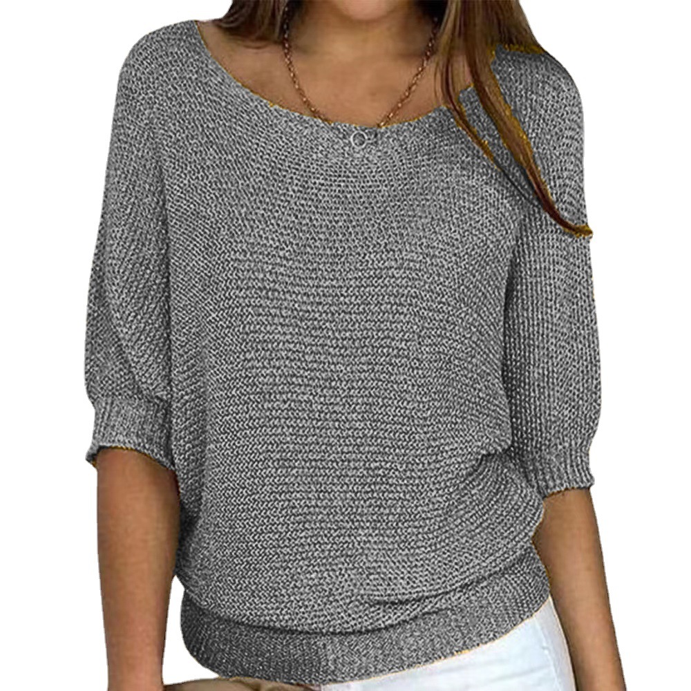 Spring new cross-border European and American style solid color round neck sweater women's commuter elegant 3/4 sleeve top air conditioning shirt