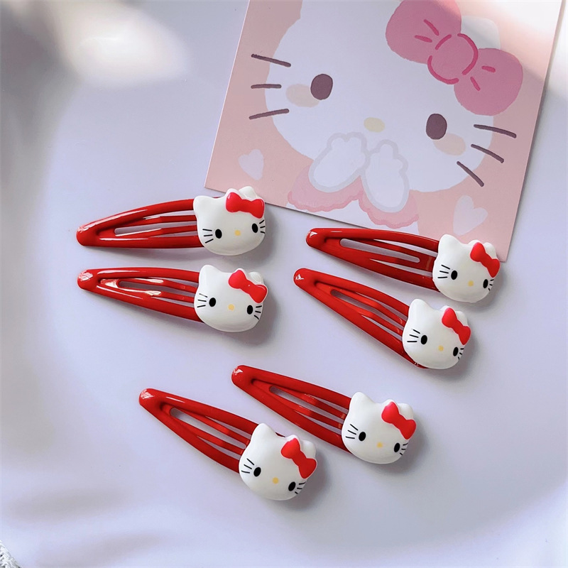 Cute Cartoon Hello Kitty Hairpin Pink Red Cat Head Cat Catching Hairpin Clip Children Students All-match Hair Accessories