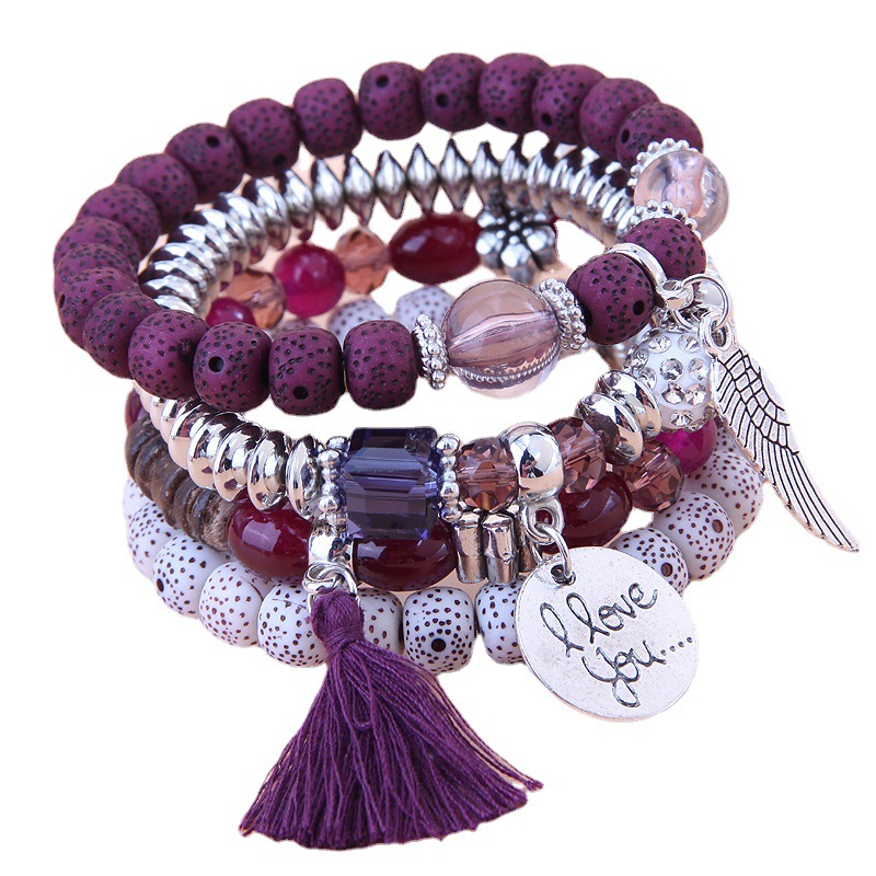 New Crystal Opal Wings love Beaded Bracelet Multi-Circle Tassel Bracelet Vintage Ethnic Style Jewelry