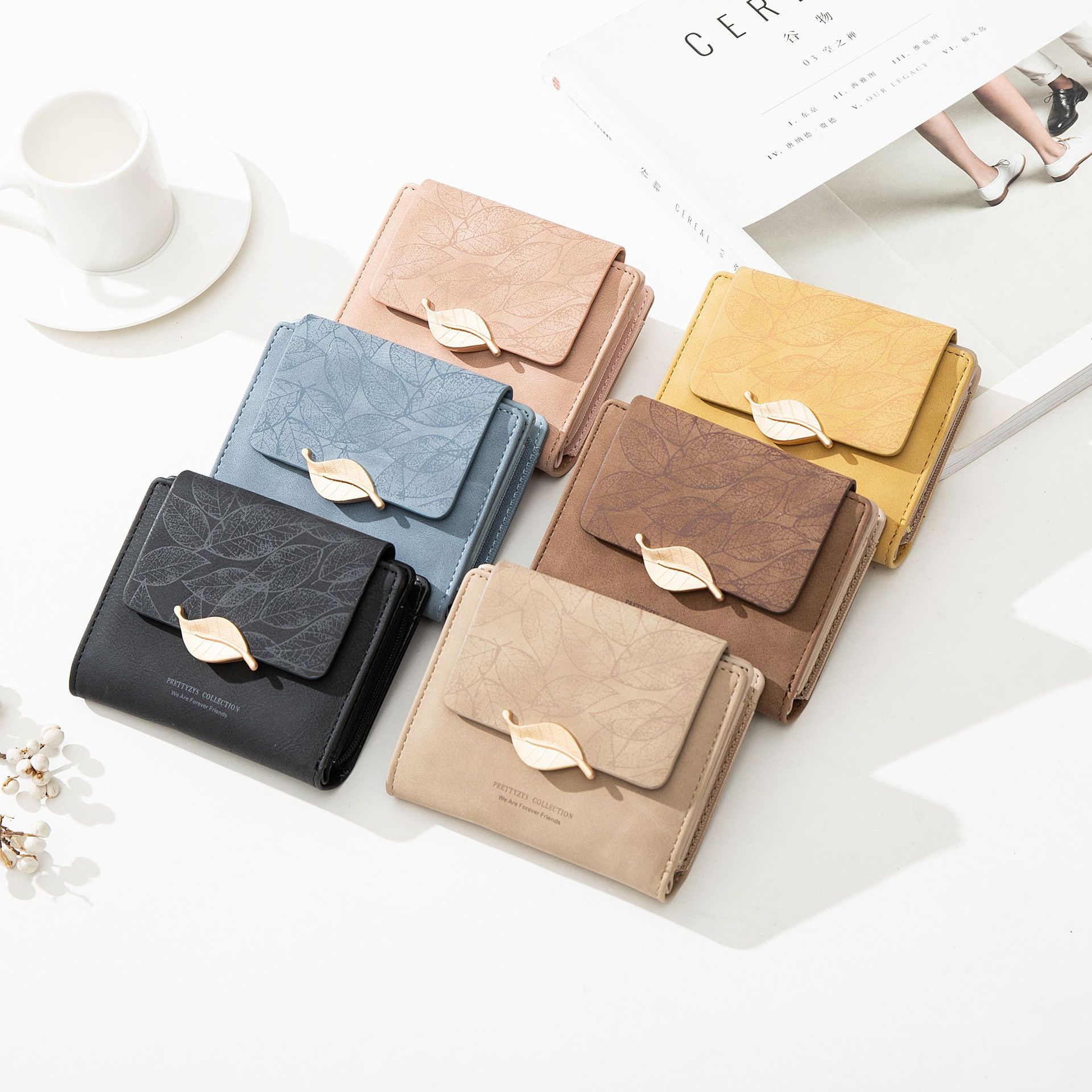 Wallet Women's Short European and American Retro PU Frosted Hardware Leaf Buckle Zipper Folding Multifunctional Student Coin Purse