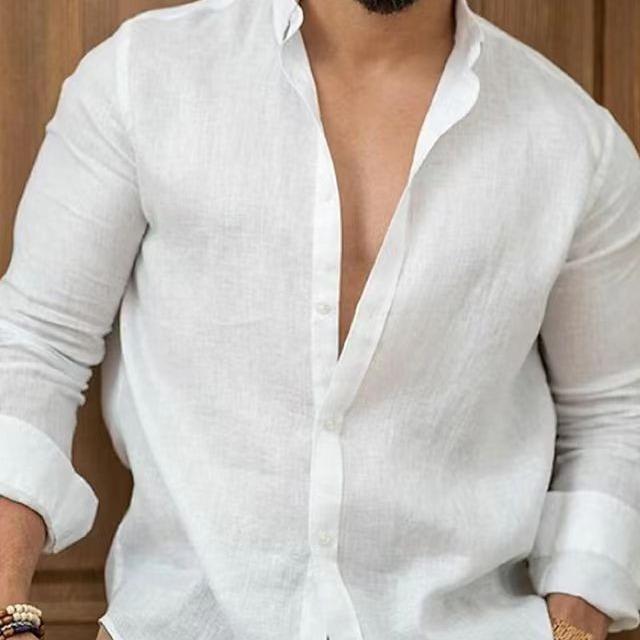 2024 foreign trade Amazon Europe and America cotton and linen solid color men's shirt youth leisure
