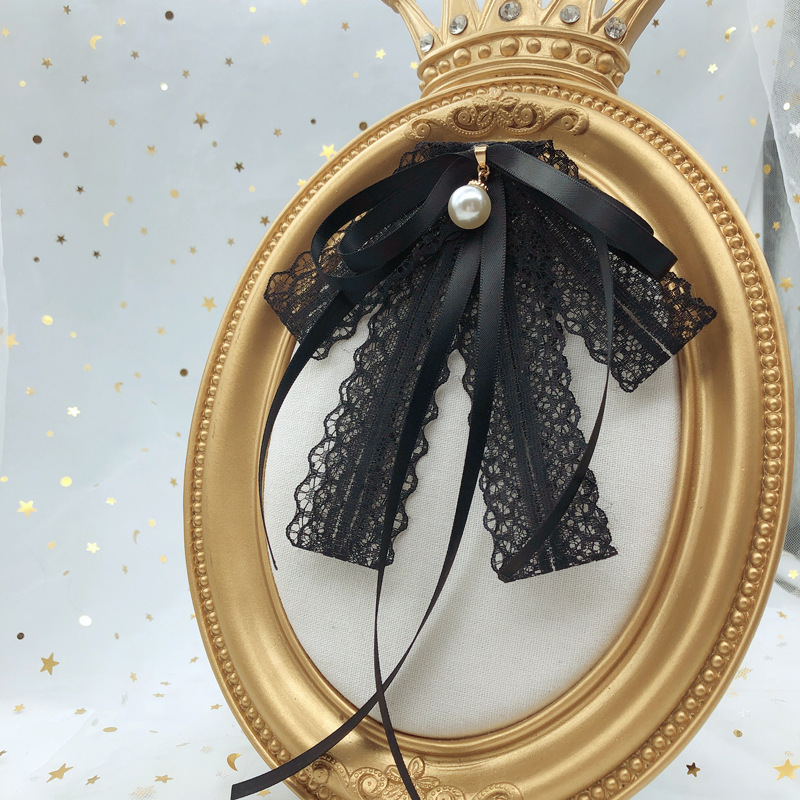 Women's Cute Lace New Clothing Accessories Black Lace Tie Pearl Tie Bow Pin Brooch