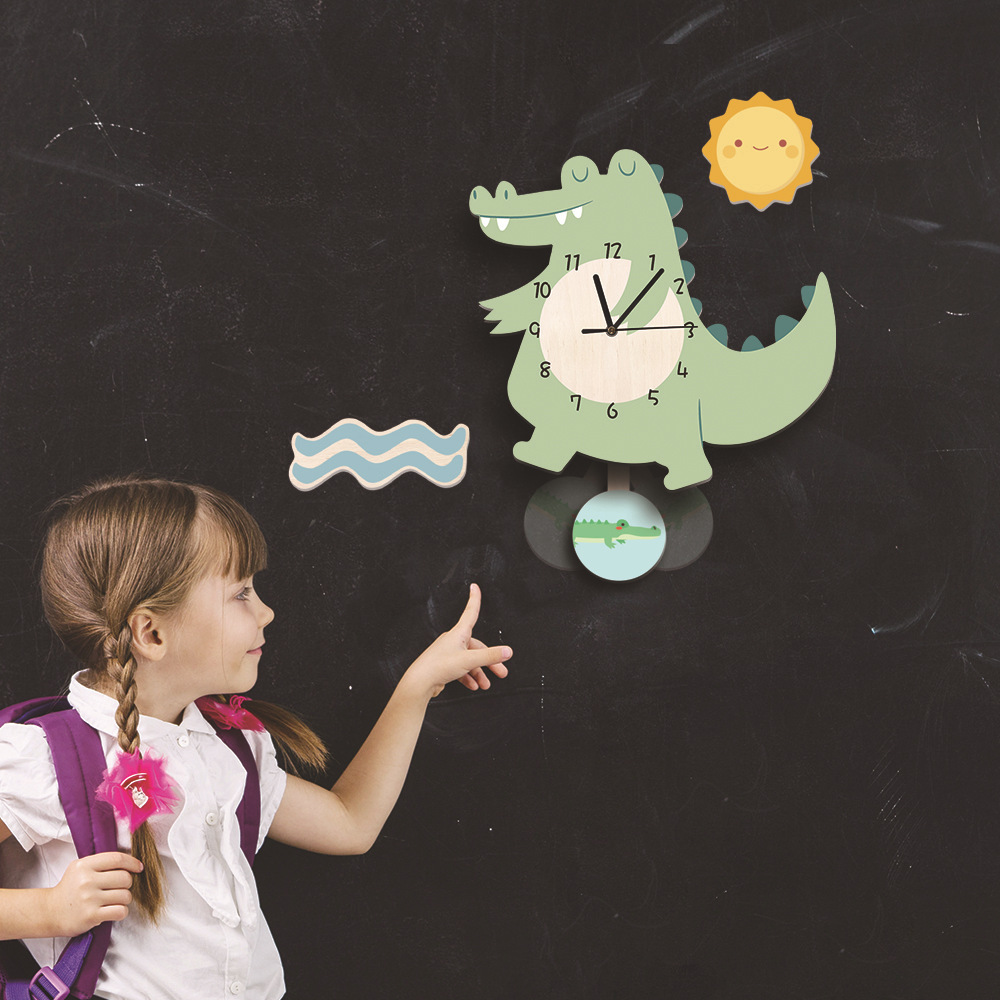 Funlife Nordic Animal Children's Fun Pendulum Clock Cartoon Crocodile Children's Room Silent Creative Wall Clock UWC020
