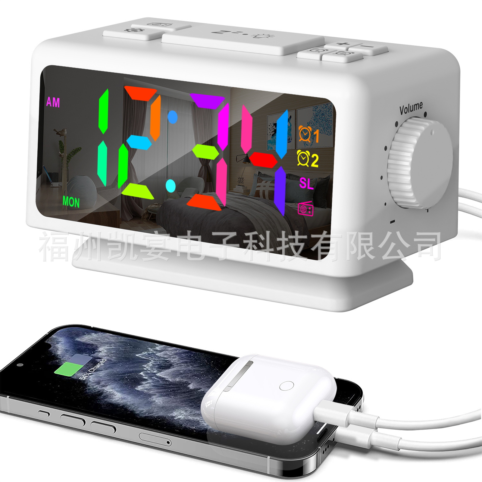 2023 Amazon cross-border new calendar radio alarm clock RGB colorful mirror large screen display electronic clock
