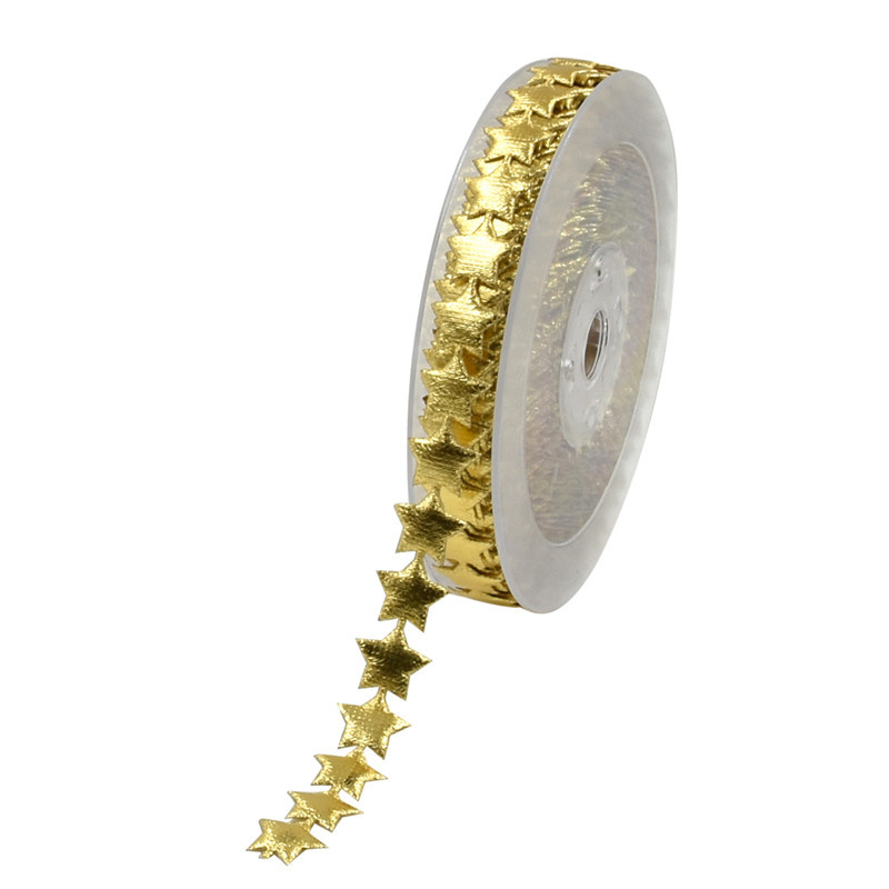 Cross-border Hot Sale Ultrasonic Embossed Gold and Silver Ribbon Christmas Decoration Bright Five-pointed Star Printing Ribbon Accessories