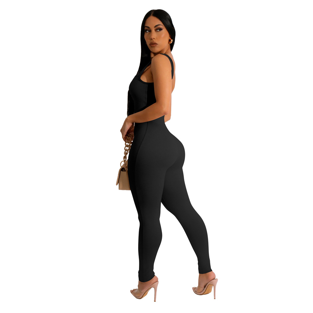 Cross-border European and American Foreign Trade Women's Solid Color Sleeveless Vest Jumpsuit Threaded Square Collar Backless Hip Slim-fit Jumpsuit
