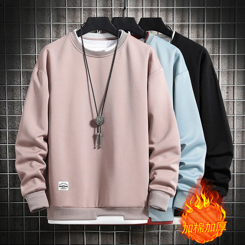 Sweater men's custom wholesale solid color sweater round neck clothes student Korean style loose sports fake two-piece fleece-lined sweater