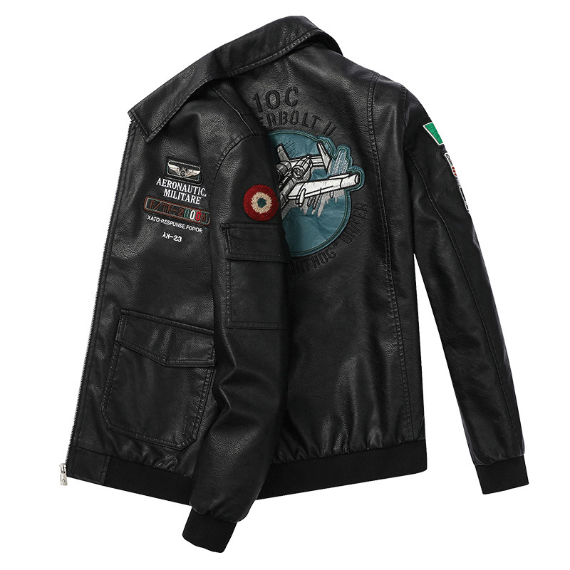 2022 Spring and Autumn New Military-style Aviator Leather Jacket Jacket Men's Large Size Slim-fit Lapel Embroidered Men's Leather Jacket