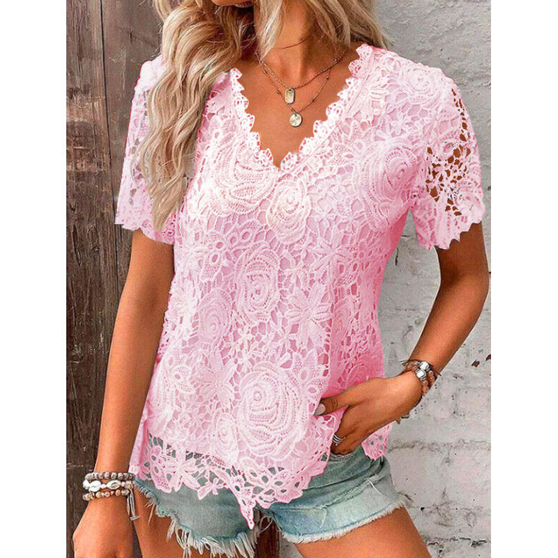 Independent Station Amazon 2024 Summer New Hot V-Neck Elegant Lace Top Short Sleeve T-Shirt