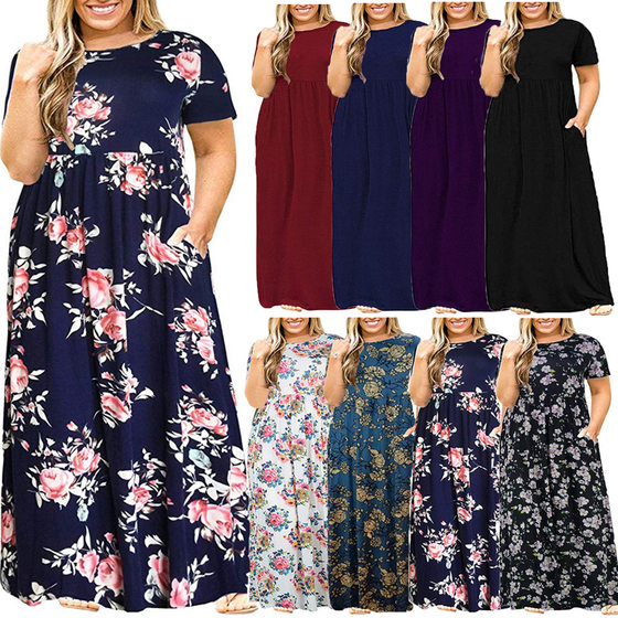 2024 summer European and American plus size women's wish Amazon short sleeve round neck solid color plus size dress printed dress