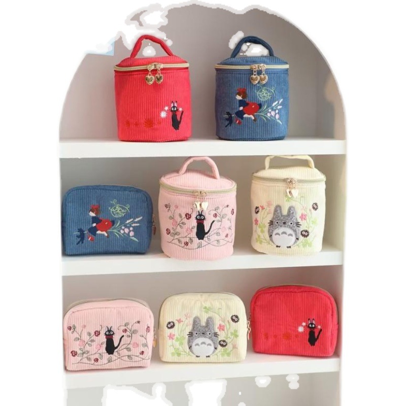 Cartoon Japanese Totoro Black Cat Gigi Witch Exquisite Embroidery Cute Makeup Bag Hand Carrying Small Barrel Bag for Women