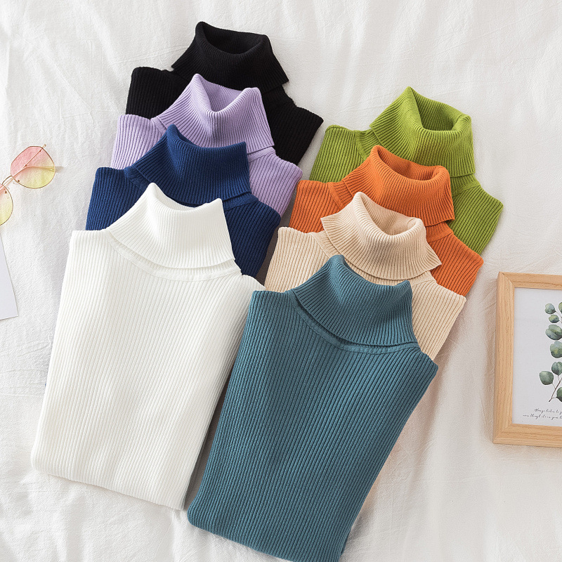 Cross-Border long sleeve high collar base shirt solid color Korean pullover sweater (24 color spot) knitted base shirt sweater