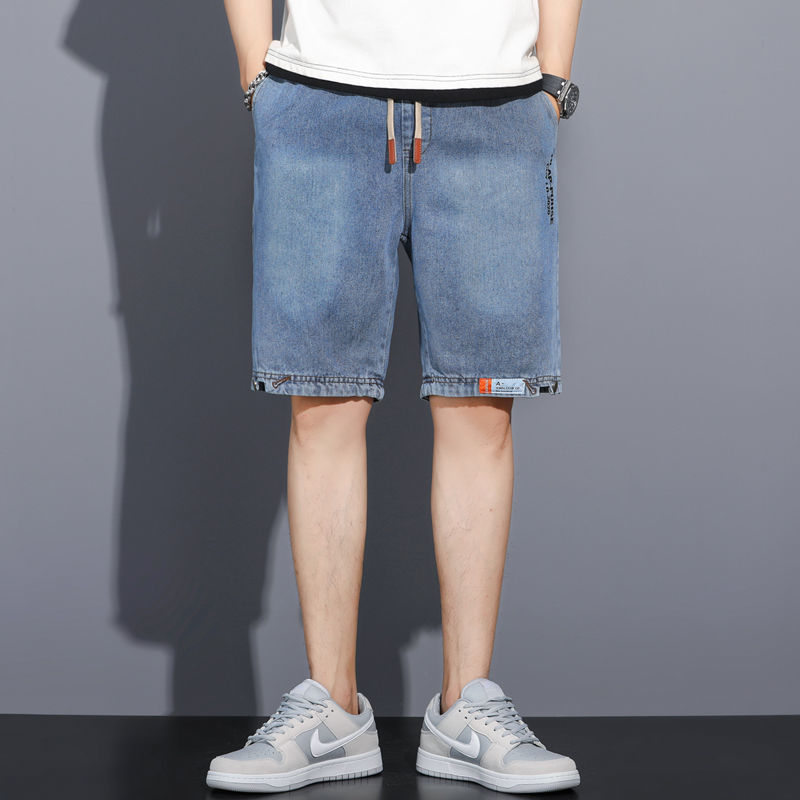 Denim shorts men's Hong Kong style fashion brand loose retro all-match straight pants trendy handsome cropped pants summer thin