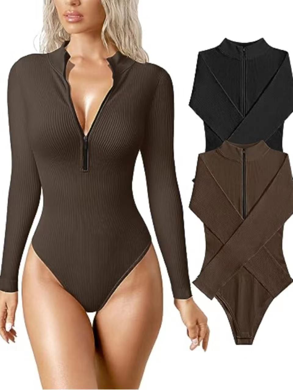 European and American cross-border Amazon 2023 long-sleeved jumpsuit sexy rib one-piece front zipper long-sleeved top jumpsuit