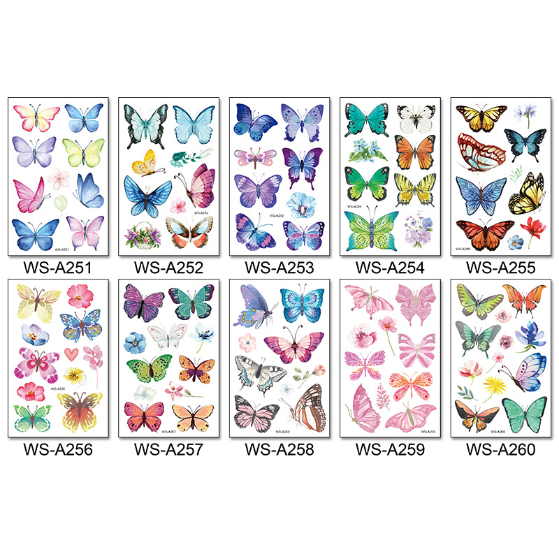 New Butterfly Tattoo Sticker Waterproof Sweat Children's Cute Watercolor Cartoon Color Flower Butterfly Sticker Temporary Tattoo Sticker