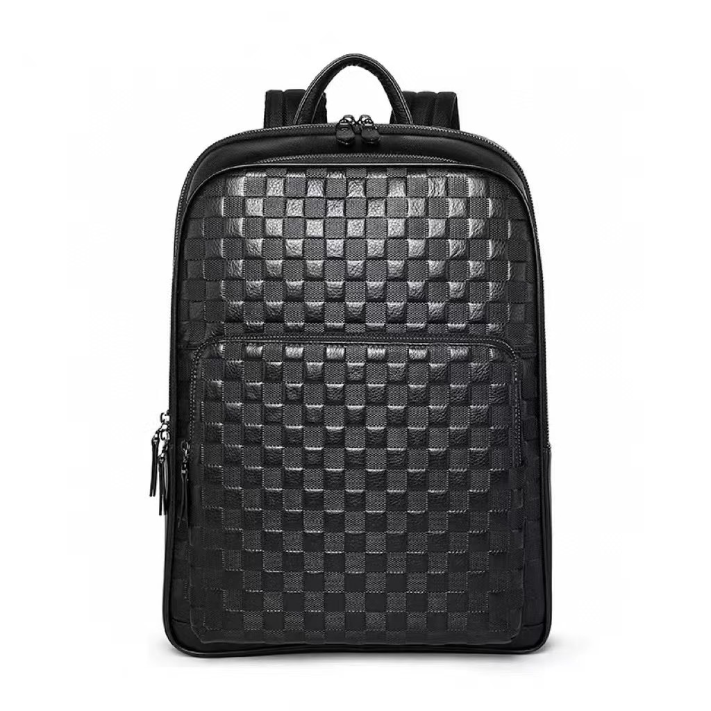 Genuine leather backpack men's checkerboard multi-function USB business backpack fashion casual large capacity backpack wholesale