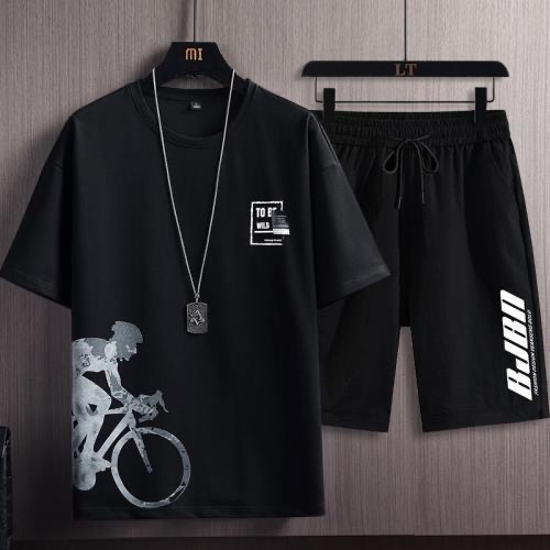 Summer New Ice Silk Short-sleeved T-shirt Men's Sports Suit Young Students Loose Large Size Half-length Pants Top Clothes