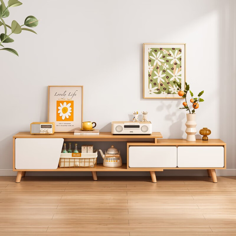 TV Cabinet Simple Modern Small Apartment Solid Wood Leg Coffee Table TV Cabinet Combination Nordic Telescopic TV Cabinet Living Room