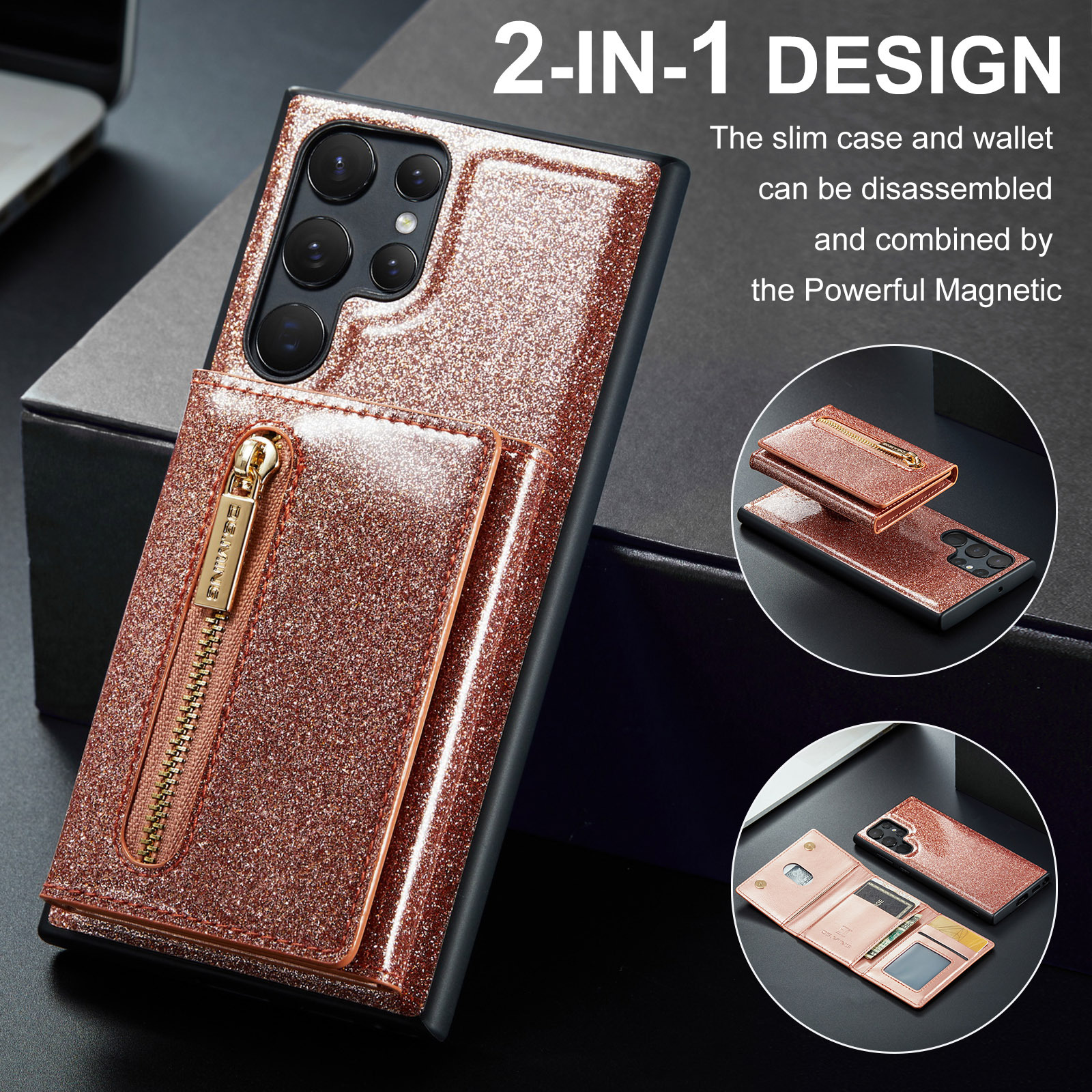 M3適用三星S23 Ultra格麗特閃粉錢包保護皮套S22 Ultra磁吸手機殼