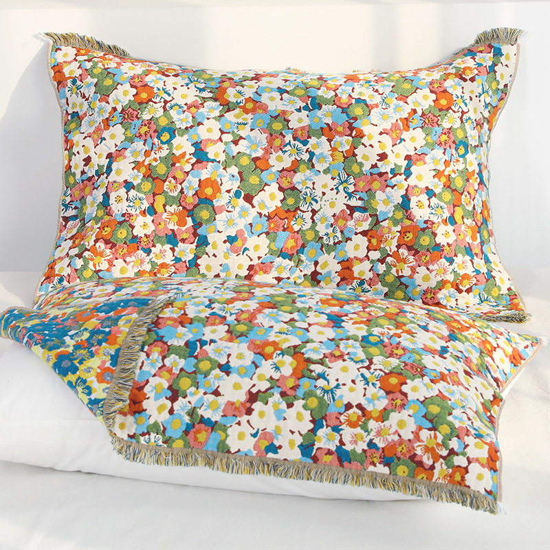 A Pair of Cotton Thickened Gauze Tassel Pillow Towel Floral Couple's European-style Pillow Headband for Students Soft and Skin-friendly for Four Seasons