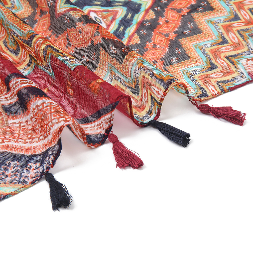 New Ethnic Style Color Geometric Diamond Totem Printed Cotton and Linen Scarf Women's Thin Travel Sunscreen Long Scarf