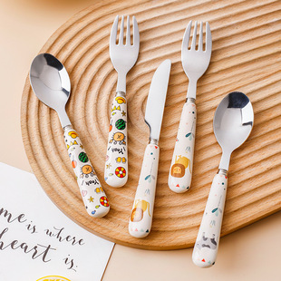 Chao Bai little lion cartoon knife and fork spoon tableware children's tableware ceramic stainless steel dessert spoon Fork fruit spoon