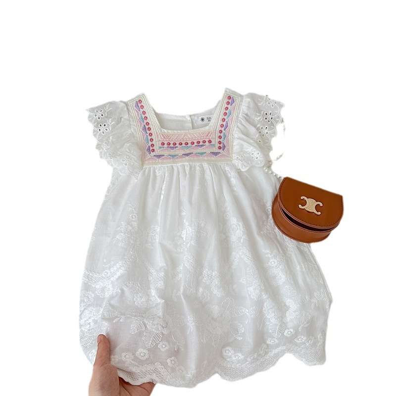 Children's skirt 2024 spring girls' Korean-style embroidered lace dress children's short-sleeved ruffled idyllic princess dress