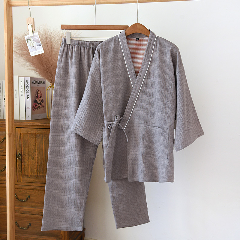 Kimono Men's and Women's Pure Cotton Yarn-dyed Gauze Sweatshirt Spring and Summer Thin Couples Home Suit Bathrobe