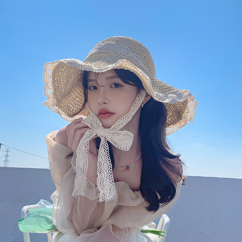 Straw Hat ins Korean Style Lace-up Hollow Straw Hat Women's Summer Travel Sunscreen Beach Sun Hat Lace Sunshade Hat