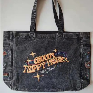 Thailand purchasing Hamblepie denim smoke gray embroidery casual large capacity canvas bag with zipper shopping bag