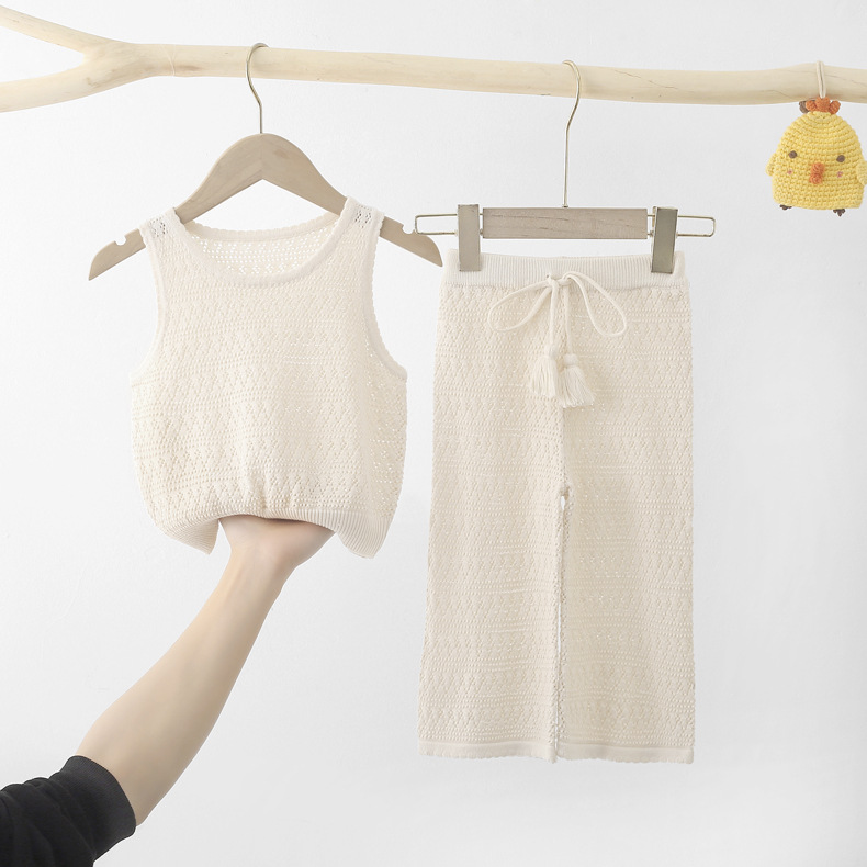 Children's clothing wholesale spring clothing ins children's clothing thin girls' knitwear baby hollow vest baby wide leg pants suit