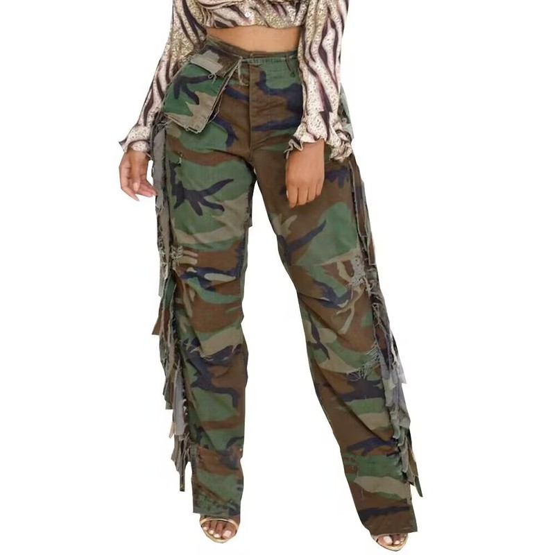 Ld83246アマゾン欧米ファッション女装サイド迷彩フリンジ大ポケットボタン綿質迷彩長ズボン|undefined