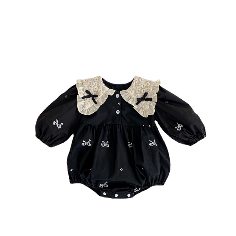 2023 Korean-style Baby Jumpsuit Spring and Autumn New Long-sleeved Triangle Hats Bow Collar Baby Girl Black Climbing Suit
