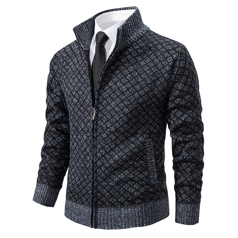 2023 autumn and winter men's fashionable plaid jacket men's fashionable stand collar slim-fit long-sleeved casual sweater