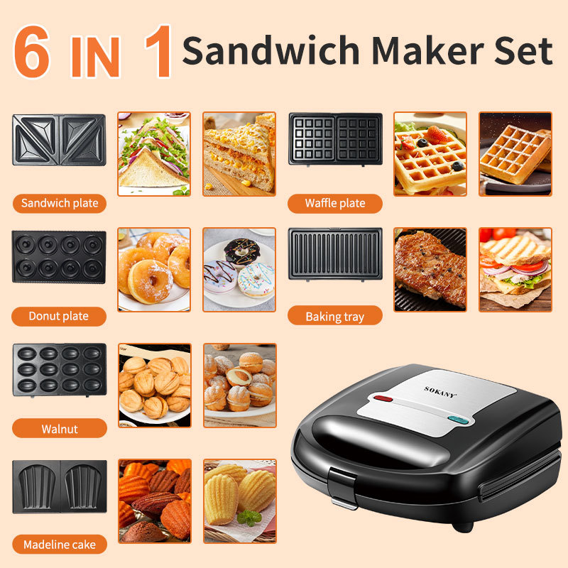 Foreign trade export SOKANYB908 Sandwich Machine double-sided heating multi-function 6 in 1 baking machine multi-plate electric cake pan
