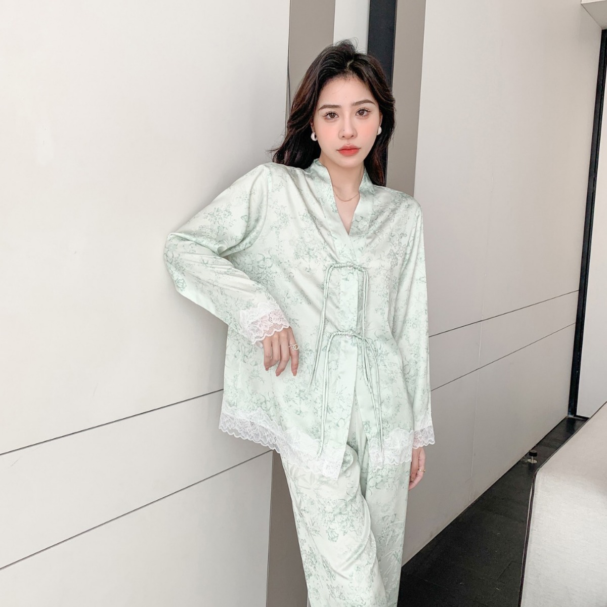 [Light luxury National style] new ice silk pajamas little red book recommend new Chinese women's long sleeve silk-like home wear
