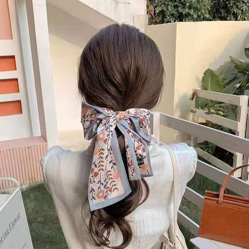 Houndstooth Periwinkle Blue Long Scarf Temperament Fairy Ribbon Elegant Retro Printed Scarf Hair Band Wholesale