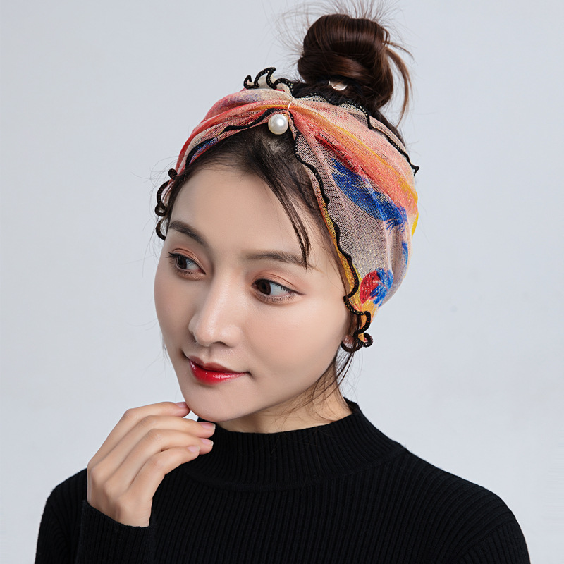 Solid Color Pearl Pendant Gold Silk Scarf Women's Spring and Summer Decorative Neck Protection All-match Neck Sleeve Fashionable Small Silk Scarf Breathable Sun Protection